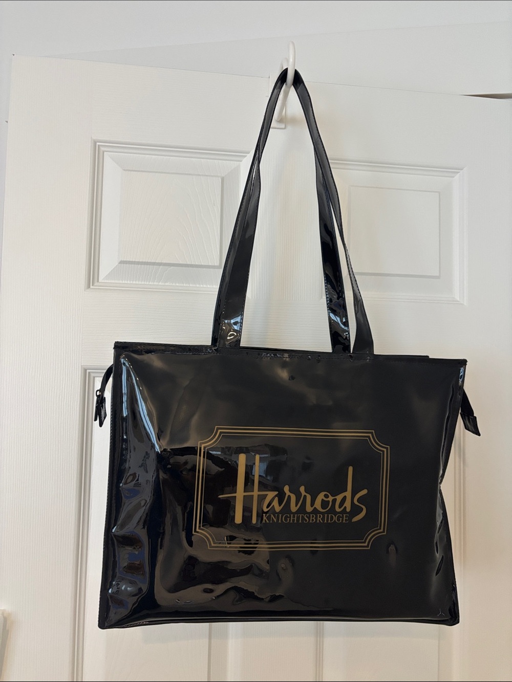 Harrods Knightsbridge Black Patent shopper Tote bag dual top handles & zipper